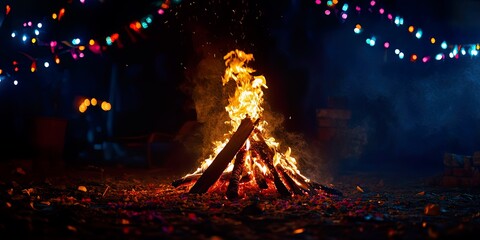 Vibrant Holika Dahan Fire Festival at Night with Festive Lights