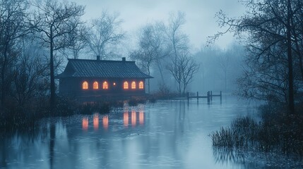 Fototapeta premium Lakeside House in a Misty Forest at Night: A Serene Digital Painting