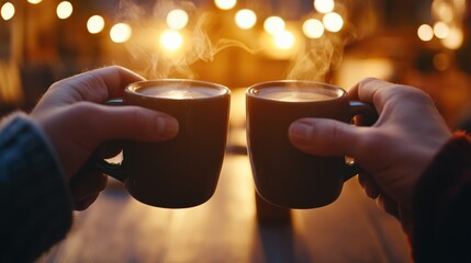 Young friends toasting their coffee mugs in a warm and lively cafe, celebrating friendship