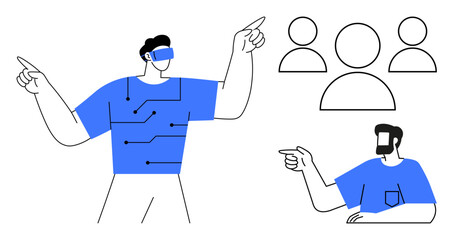 Man using VR headset and wearable circuits, person pointing, group icons. Ideal for technology, VR experience, innovation, teamwork, communication, digital transformation connectivity abstract line