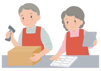 倉庫で作業をするエプロン姿のシニア男女