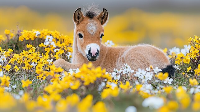 Adorable foal resting among vibrant yellow and white flowers in a sunny meadow during spring