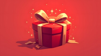 Minimalist design of a gift box with a red ribbon, isolated against a dark red background.