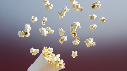 White bowl of popcorn is being poured out of a white container. The popcorn is flying out of the container and filling the air