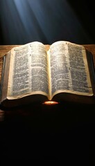 Fototapeta premium Open Antique Bible Illuminated By Beams Of Light. Spiritual Enlightenment, Religious Text.
