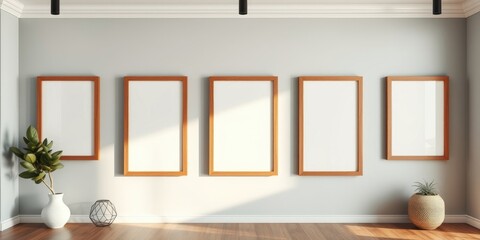 Modern minimalist interior design with five empty wooden frames and potted plants