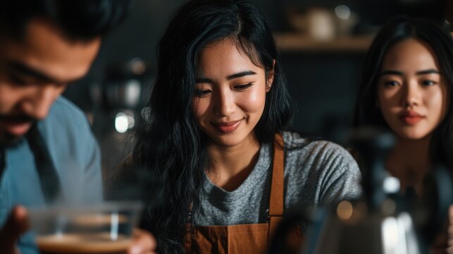 A group of friends brewing coffee using UCC capsules in a cozy kitchen, warm and inviting atmosphere