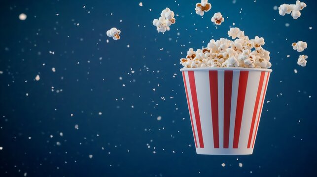 Red and white popcorn bucket is filled with popcorn. The image has a fun and playful mood, as if the popcorn is flying out of the bucket and into the air