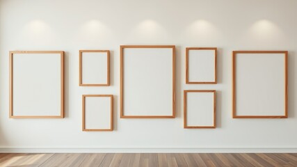 Gallery Wall Mockup Six Empty Light Wood Frames on White Wall, Hardwood Floor