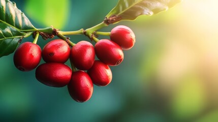 Obraz premium Bunch of red berries hanging from a tree branch. The berries are ripe and ready to be picked