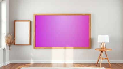 Modern minimalist interior design featuring two wooden framed artworks, one blank and one vibrant magenta, complemented by a small side table and lamp