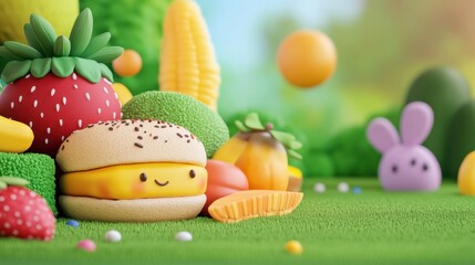 Playful Cartoon Food Scene with Fruits and Smiling Characters