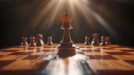 Dramatic lighting on a dark wood chessboard, the king piece standing tall among pawns with sharp reflections.
