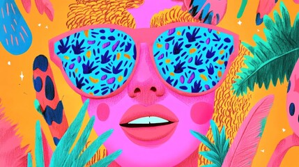 Abstract Colorful Portrait With Sunglasses and Tropical Leaves