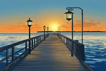Obraz premium Tranquil Sunset Over Water with Pier and Lanterns, Creating a Serene Atmosphere for Reflection and Relaxation by the Shoreline in an Artistic Style
