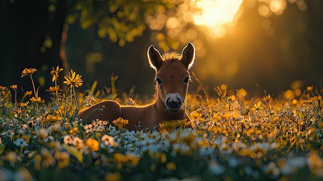 Newborn foal resting among vibrant wildflowers at sunset in a serene meadow