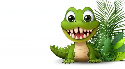 Fototapeta premium Cute Baby Alligator in Tropical Leaves