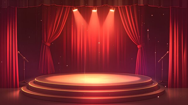 Minimalistic empty stage podium featuring red curtains and a spotlight. Ideal for award ceremonies or performances.