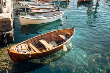 Obraz premium beautiful scenery with wooden fishing boat object with clear water and beautiful mountains