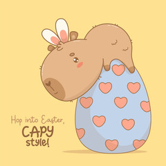 Easter Capybara in bunny ears on big paschal egg. Happy cartoon kawaii animal. Vector illustration. Holiday cool card with congratulation. Kids collection