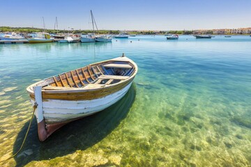 Obraz premium beautiful scenery with wooden fishing boat object with clear water and beautiful mountains