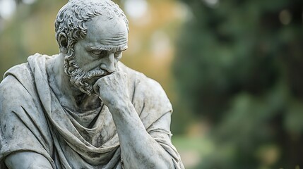 Sculpture of an ancient philosopher depicted in thoughtful reflection