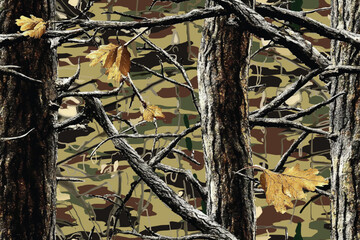 Real tree forest camouflage seamless pattern design pattern for hunting and military uniform. Hunting camouflage