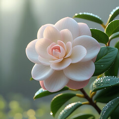 Fototapeta premium A delicate Camellia flower in full bloom, captured in the morning light with dew-kissed green leaves. Created with generative AI.