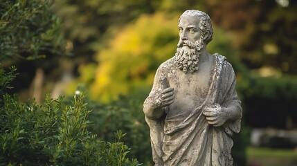 Stone sculpture of an ancient philosopher standing in a quiet garden