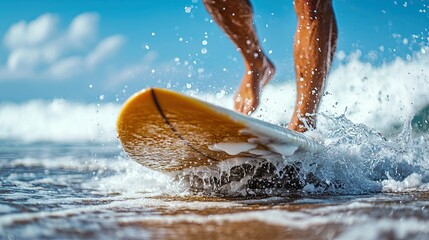 Surfer riding a wave at the beach during a sunny day with a clear blue sky and splashes of water