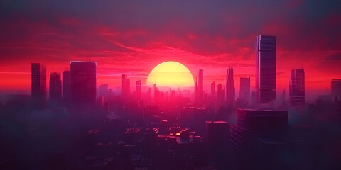 Fototapeta premium Dramatic Sunset Over a Futuristic Cityscape with Neon Lights