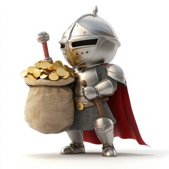 Fototapeta premium A Cartoon Knight Carries A Sack Of Gold Coins