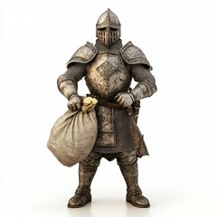 Fototapeta premium Medieval Knight Holding A Bag Of Gold Coins