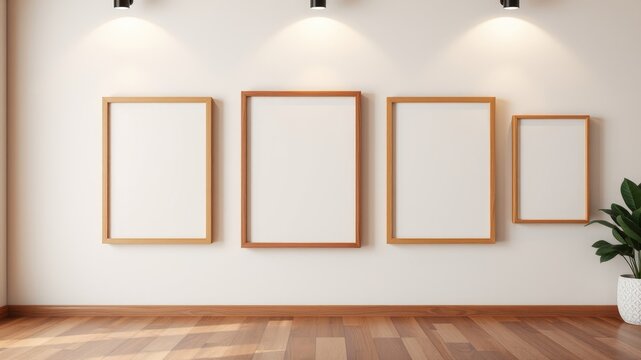 Modern minimalist interior design featuring empty picture frames on a light wall