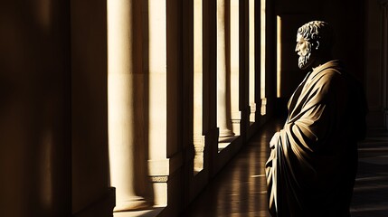 Ancient philosopher statue in a classical gallery with dramatic shadows