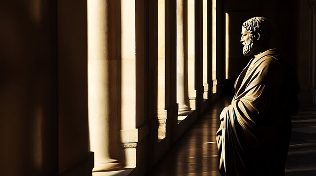 Ancient philosopher statue in a classical gallery with dramatic shadows