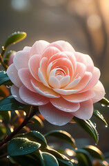 A delicate Camellia flower in full bloom, captured in the morning light with dew-kissed green leaves. Created with generative AI.
