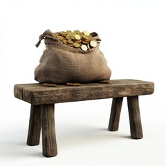 A burlap sack filled with gold coins rests on a rustic wooden stool