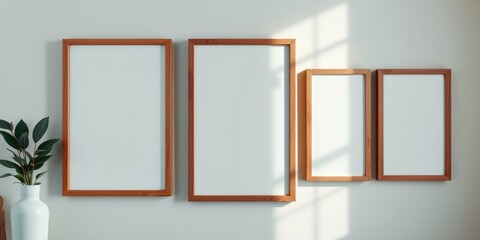 Empty wooden picture frames on a wall with sunlight and a plant