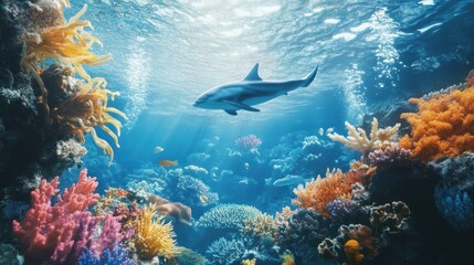 Fototapeta premium Dolphin swimming above vibrant coral reef