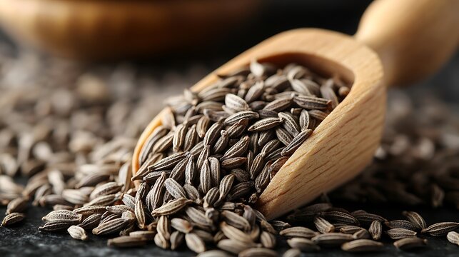 Ground Cumin Seeds in Wooden Scoop on Dark Surface