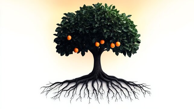 Tree with roots and oranges on it. The tree is the main focus of the image. The oranges are scattered around the tree, with some hanging from the branches and others on the ground