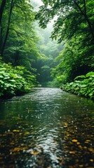 Obraz premium Serene Rainforest Stream with Lush Greenery in Misty Atmosphere, Perfect for Nature and Landscape Photography