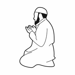 Line Art of a Bearded Muslim Man Praying with Raised Hands, Islamic Spiritual Illustration