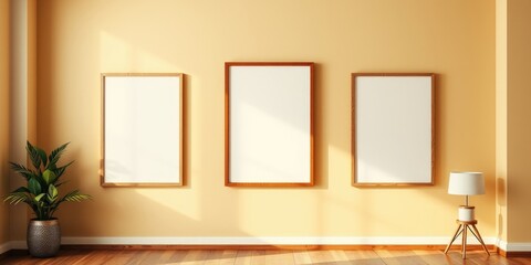 Modern interior design with three blank frames and a floor lamp