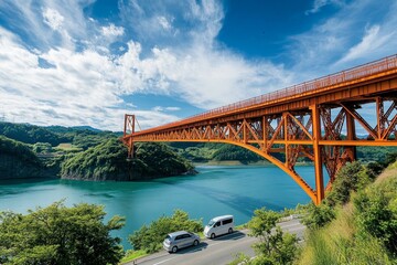 Naklejka premium The big orange bridge crosses the inter-island lake from a lower angle, it looks amazing, the beautiful lake water and the view of the dense trees