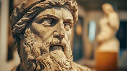 Stone sculpture of an ancient philosopher with a thoughtful look in a gallery