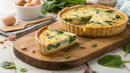 Savory Easter quiche filled with spinach served on a wooden board with fresh ingredients in a bright kitchen setting
