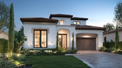 Fototapeta premium Mediterranean Style House Exterior Evening Lighting