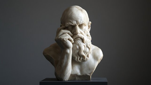Bust of an ancient philosopher in marble with deep contemplative expression